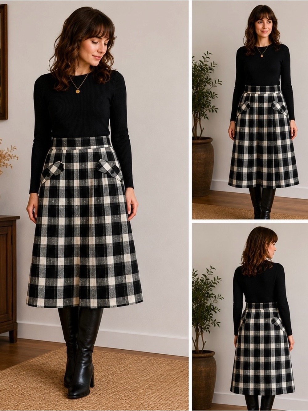 Vintage Black White Plaid Pleated Midi Skirt Preppy Academia S